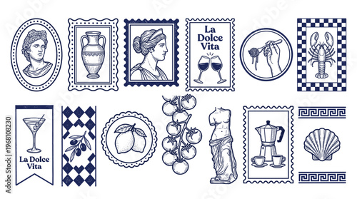 Italian heritage decorative elements set, vintage line style, classic statues, amphorae, wine, lemons, Mediterranean food, and shells