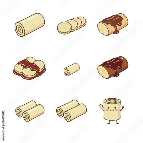 Collection of laundry detergent pods and liquid capsules with cute blue detergent mascot character icon