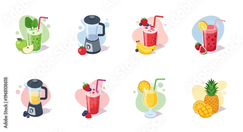Healthy smoothies and blenders: An illustration of fruit-based beverages and kitchen equipment