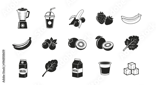 Healthy Smoothie Ingredients Illustration in Monochrome for Nutritional and Culinary Design