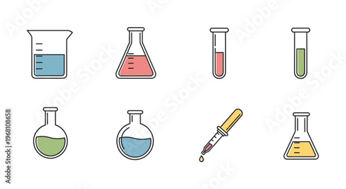 Illustrated chemical glassware set in vector style for scientific and educational uses