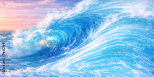 A breathtaking summer landscape where the blue ocean horizon meets a bright sky filled with soft white clouds and shimmering sunlight reflecting on the water