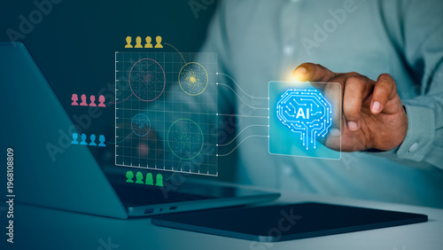 Business professional analyzing AI-powered data clustering visualization on digital interface, customer segmentation groups connected to user icons, AI core for marketing strategy, audience targeting
