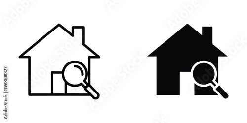Contrast of house icons under magnifying glass for real estate or property search emphasis