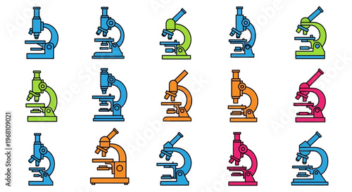 Colorful Microscope Illustrations Representing Scientific Equipment for Laboratory Research