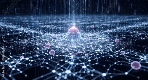 Abstract digital network visualization with glowing nodes and connections representing data flow and interconnectedness in a futuristic concept