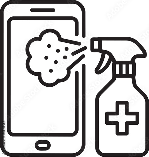 Smartphone beside sanitizing spray bottle linear icon representing mobile device hygiene screen cleaning and maintenance concept