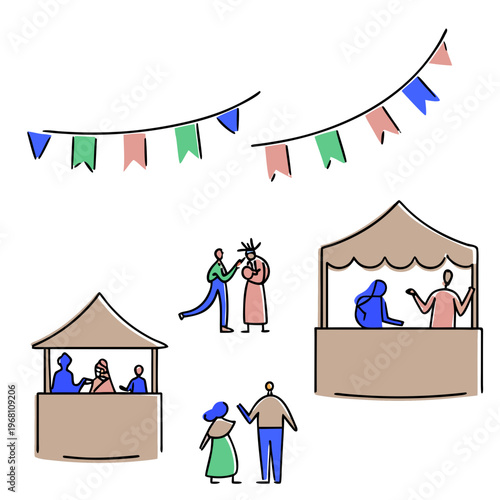 Colorful market scene with people interacting at food stalls  