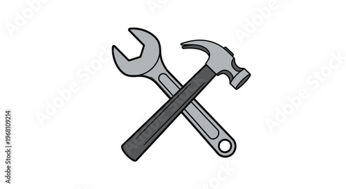 Depiction of a Crossed Hammer and Wrench Tools on a Pristine White Background, Vector Style