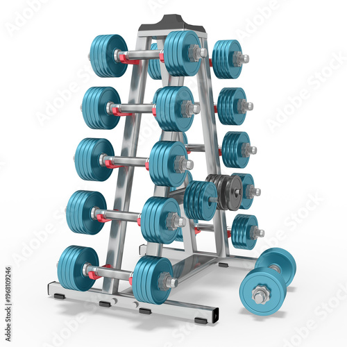 3d Hanteln mit Gewichten auf Ständer im Fitnessstudio, freigestellt auf transparenten Hintergrund