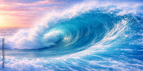 A breathtaking summer landscape features a bright blue sunlit sky over the ocean horizon as a natural wave of water crashes onto the beach under soft clouds