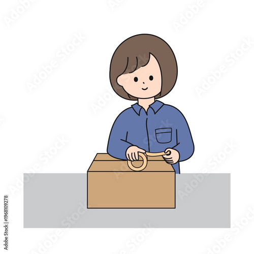梱包作業をする若い女性｜シンプルでミニマルなイラスト
