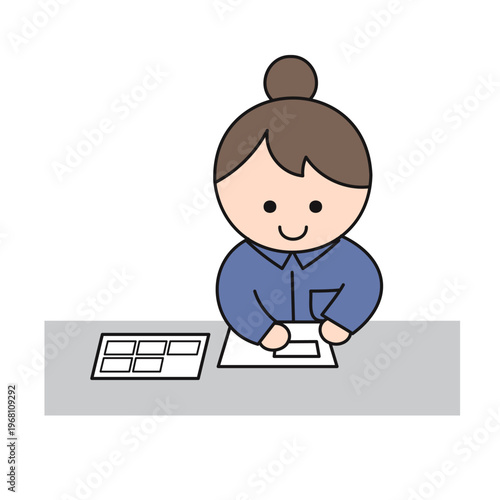Webシール貼りの作業をするかわいい女性｜丸みのあるキャラクター風のイラスト