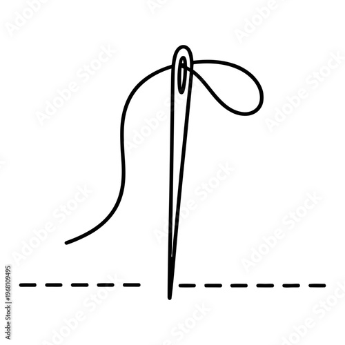 A simple line art icon showing a needle threaded with a loop, piercing a dashed line.