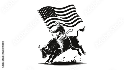 A determined cowboy proudly rides a powerful, bucking bull while waving an American flag.
