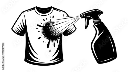 A spray bottle creates a strong, radial black splatter effect on a pristine white t-shirt.