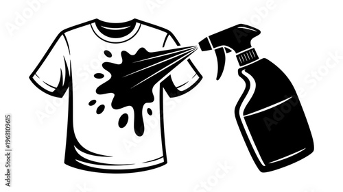 A spray bottle applies a concentrated, dark black liquid blob onto a plain white t-shirt.