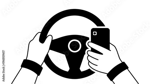Two hands grip a car steering wheel, with one hand dangerously holding a smartphone.