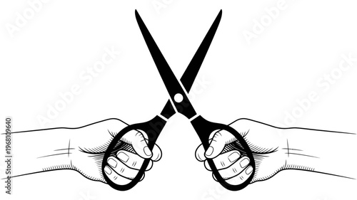 Two hands face each other, each holding a pair of open scissors, creating an X shape in a detailed illustration.