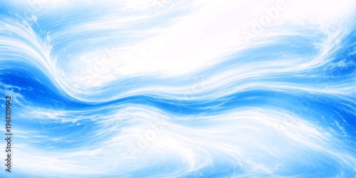 A serene blue abstract background featuring soft white clouds and sun light reflecting over calm ocean water creates a beautiful summer day horizon texture