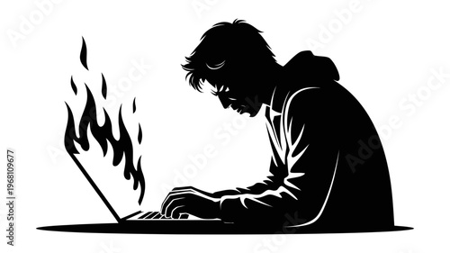 A silhouetted person in a hoodie works intensely on a flaming laptop, representing digital burnout or coding.