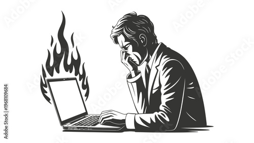 A stressed businessman intensely working on a laptop with digital flames, symbolizing burnout and overwhelming tasks.