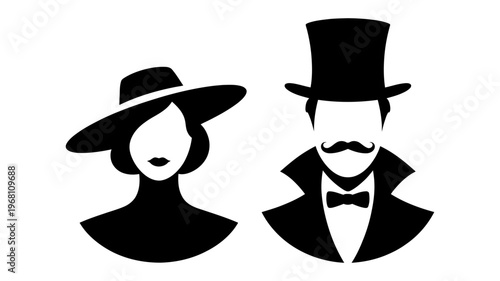 Elegant silhouette icons of a lady in a wide hat and a gentleman in a top hat.