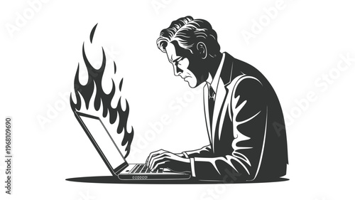 A focused businessman with an intense expression working on a laptop emitting flames, symbolizing work pressure.