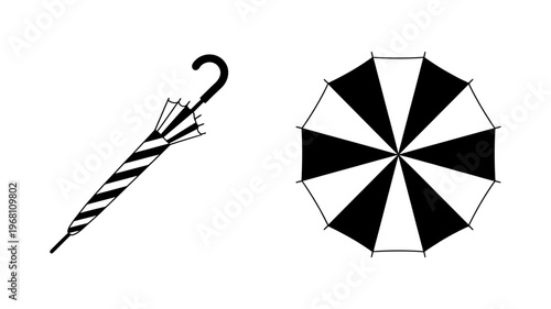 A stylish illustration displays a closed umbrella and an open one featuring a pattern with twelve segments.