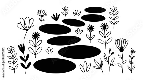 A beautiful illustration presents a garden path made of five oval stepping stones surrounded by assorted botanical line art.