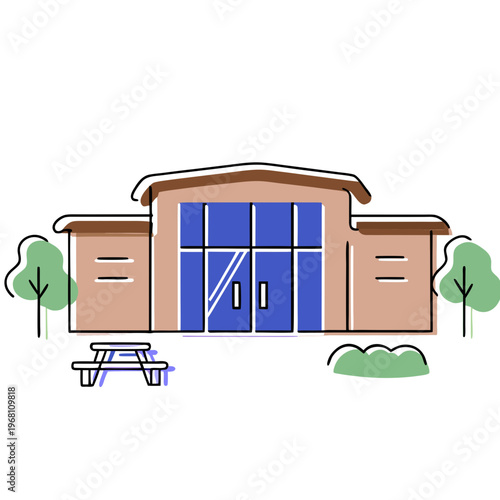 Modern building exterior with large windows and outdoor seating  