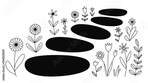 A charming illustration depicts a garden path composed of five oval stepping stones among various line-art flowers.