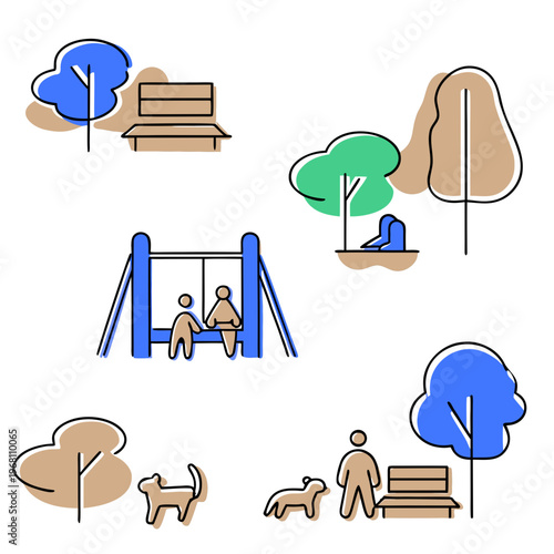 Park scene with people on swings, trees, and a dog walking  