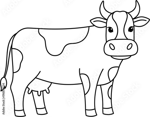 Black and white cow illustration standing.