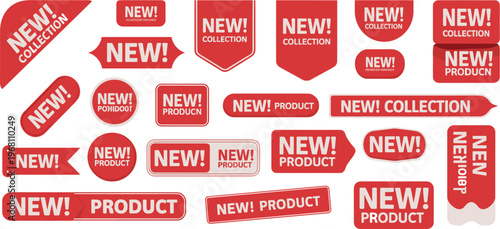 A multitude of vibrant red new stickers and labels in varying shapes and sizes are scattered across a white background high quality professional