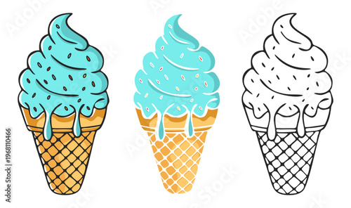 Hand drawn ice cream cone illustration with melting scoop and sprinkles in colorful, flat and outline styles, cute dessert design isolated on background
