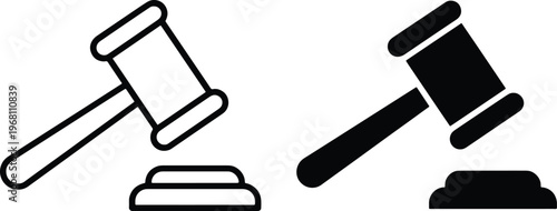 Simple line icons of two gavel and block sets used in courtrooms for judicial decisions and auctions  legal symbols