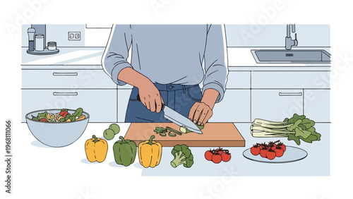 A person preparing a healthy meal in the kitchen, showcasing a modern and healthy lifestyles approach to cooking and nutrition