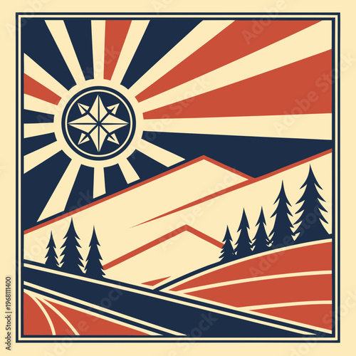 Retro propaganda poster style landscape with mountains sun stylized rays trees and fields in vintage colors red blue and beige.