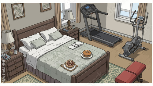 Embracing diverse healthy lifestyles within a personal sanctuary, showcasing the daily balance between active pursuits and comforting leisure in a modern bedroom setting
