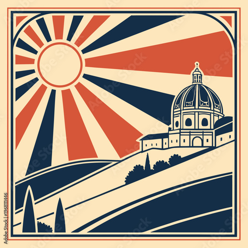 Classic architectural dome building on rolling hills with radiating sun background in flat minimalist vintage propaganda art style vector illustration.