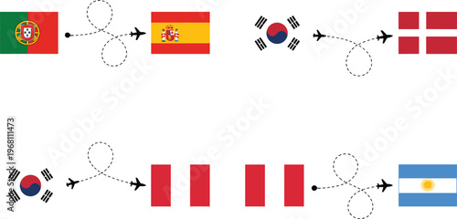 Air travel route icon set with airplane path and country flags vector illustration international flight connection concept isolated on white background