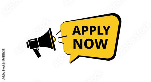 Call to action graphic featuring a megaphone with the words APPLY NOW in a yellow speech bubble
