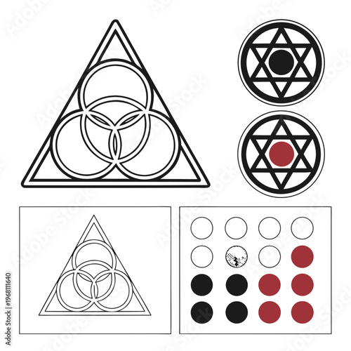 Sacred geometry triangle with interlocking circles and hexagram star symbols with red highlights for alchemical studies and mystical occult artwork.