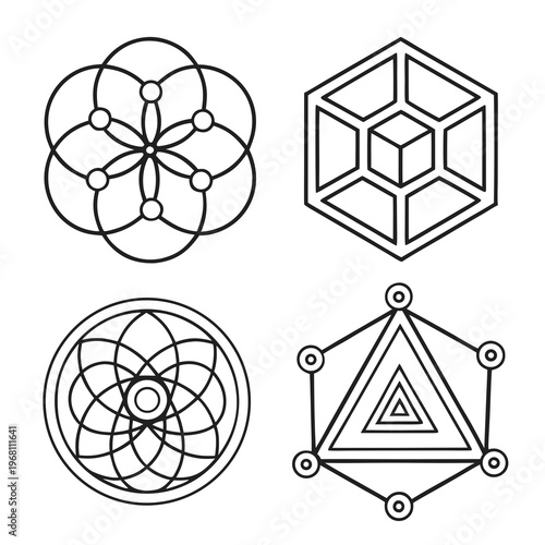 Four distinct sacred geometry symbols featuring cube in hexagon and orbital circle patterns for technical illustrations and spiritual graphic designs.
