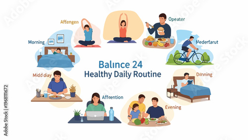 A detailed illustration showcasing a comprehensive daily schedule for cultivating healthy and balanced lifestyles, emphasizing well-being, productivity, and personal development throughout the day