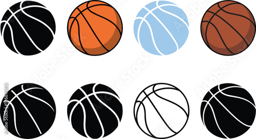 Basketball ball icon set with different styles and colors representing sports game equipment competition training and athletic activity in flat vector style