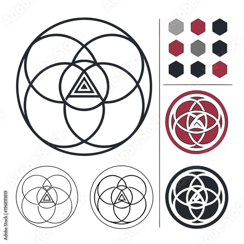 Abstract triangular structure with internal geometric divisions and central point emblem minimal design motif clean lines.