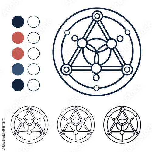 Alchemy style geometric diagram set with central triangle and circular orbits featuring color palette dots for mystical or scientific branding uses.