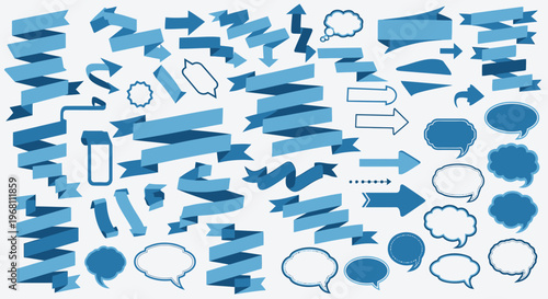 Collection of blue graphic elements: ribbons, arrows, thought bubbles, and decorative shapes